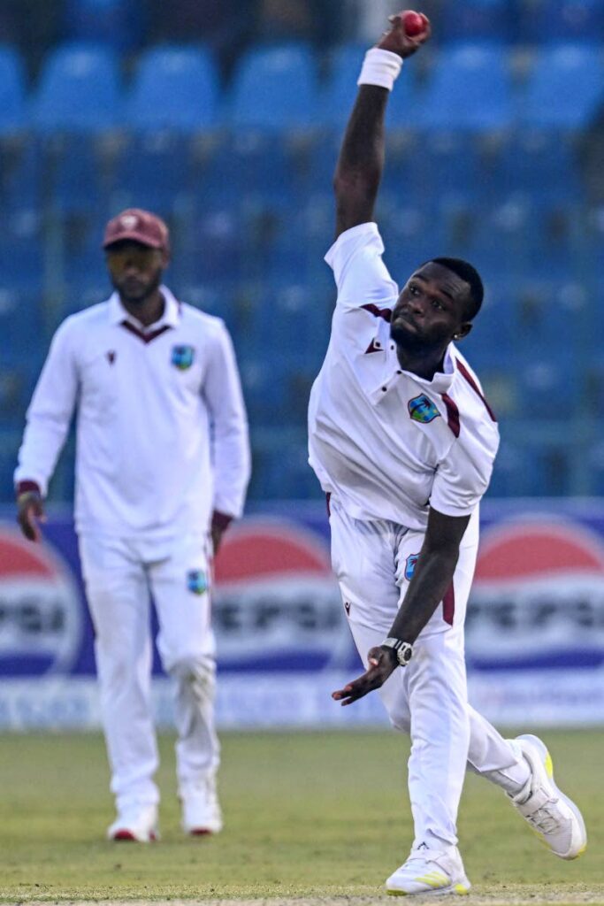 West Indies' Jayden Seales bowls during the first day of the first Test vs Pakistan at the Multan Cricket Stadium in Multan, Pakistan on Friday. - AFP