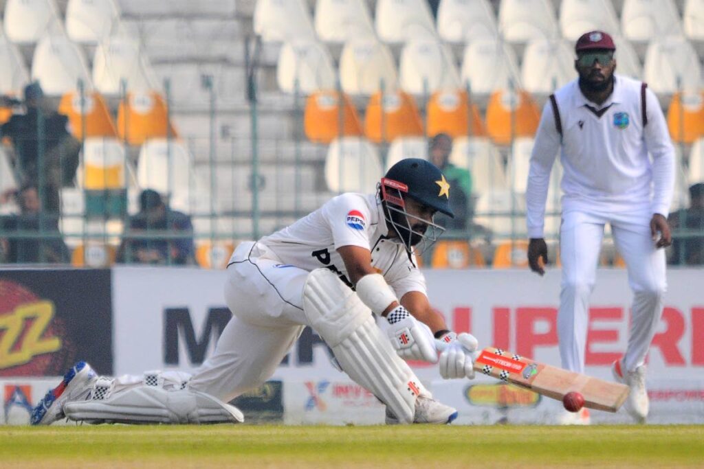 Pakistan's Saud Shakeel plays a shot during against West Indies during Day Two of the first Test, in Multan, Pakistan, on January 18, 2025. (AP Photo) - 