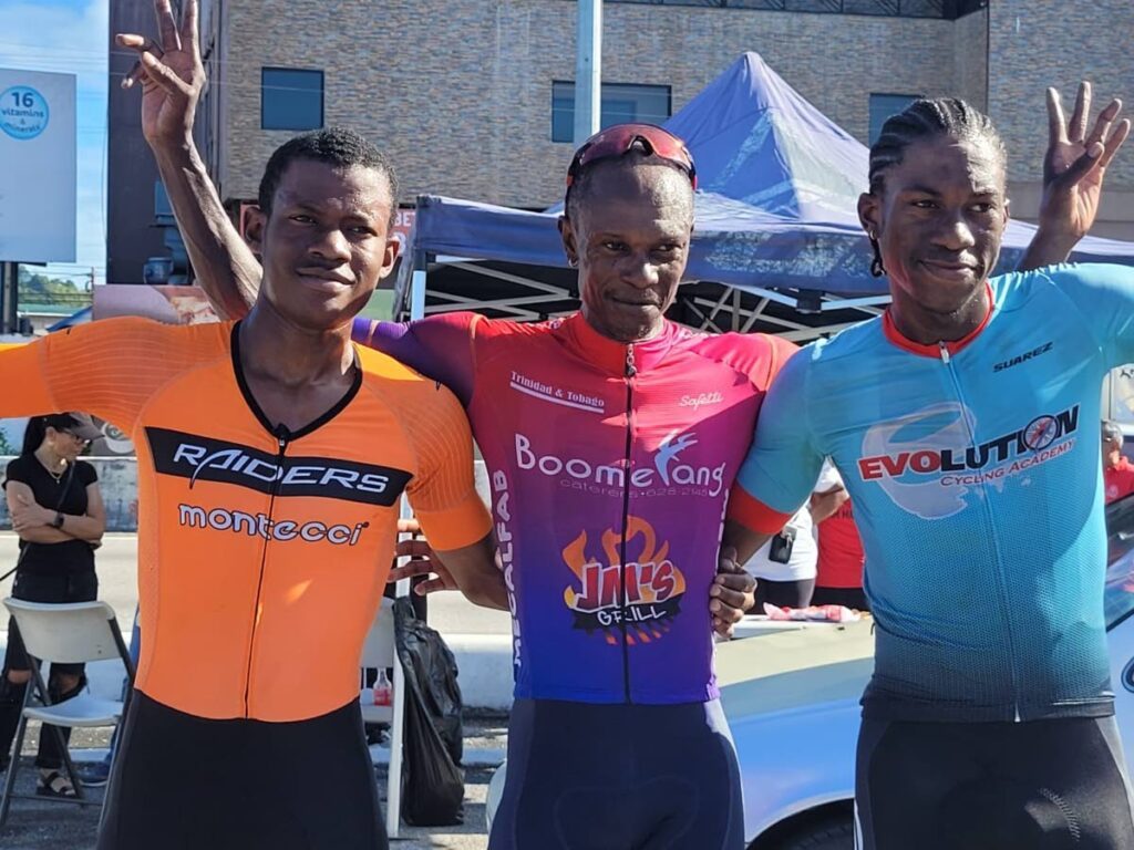 From left, Road Race Challenge winner Jadian Neaves (Raiders), second place Phillip Clarke (Heatwave) and third place Tariq Woods (Evolution).  - 