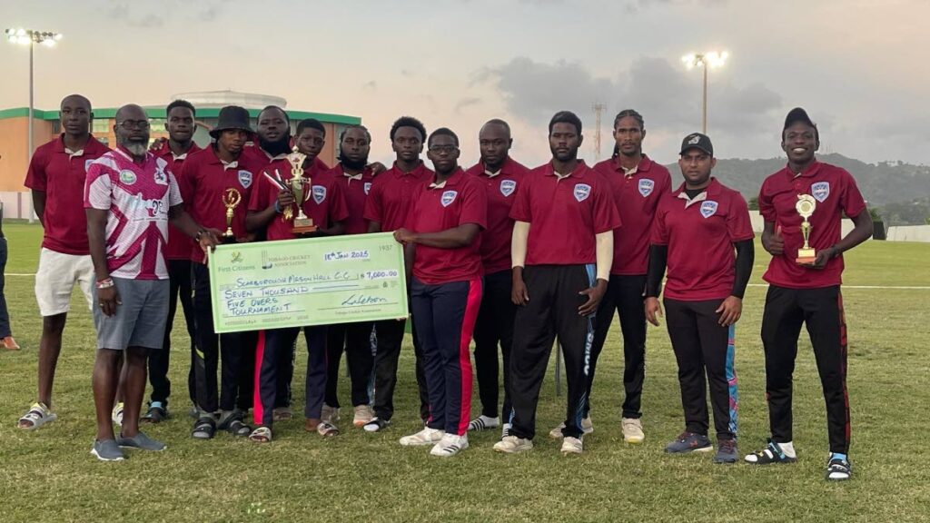 Scarborough/Mason Hall Cricket Club celebrate after lifitng the Tobago Cricket Association's (TCA) five-over knockout tournament at Shaw Park recreation ground, Tobago on January 18, 2025. - Photo courtesy TCA.  