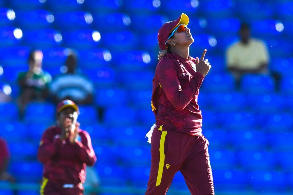 Give thanks: Karishma Ramharack points to the heavens after taking a wicket against Bangladesh in the second ODI of their three-match series at Warner Park in Basseterre, St Kitts on January 21. - Photo courtesy CWI Media.  