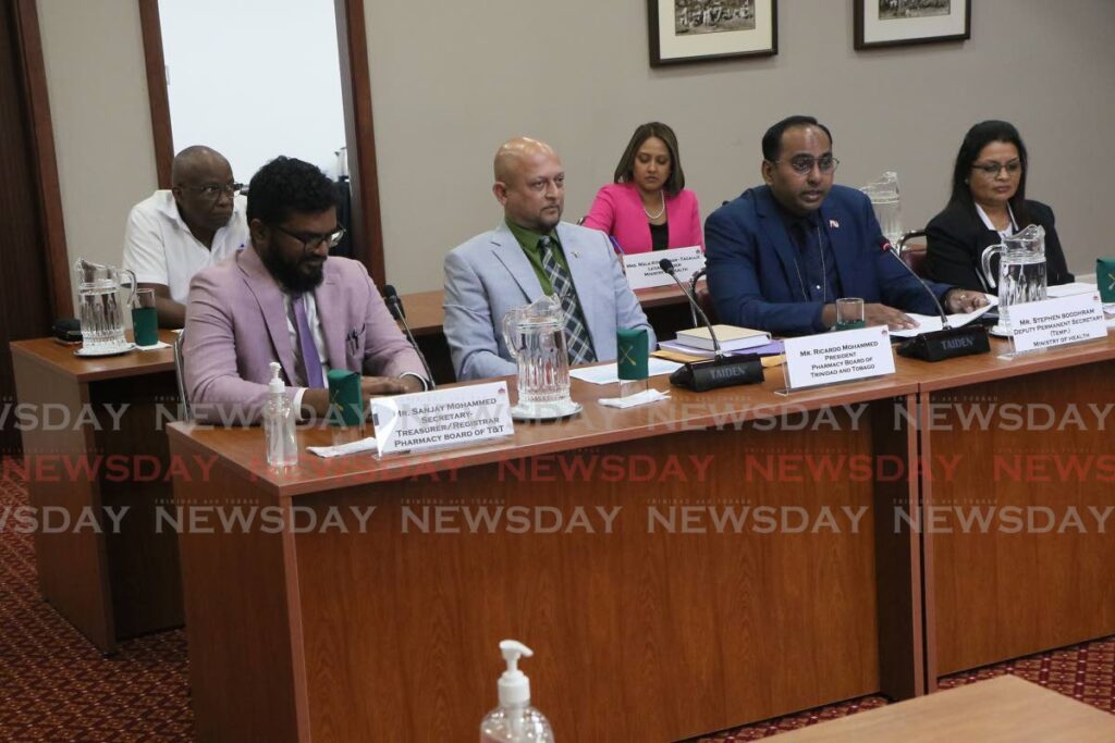 Pharmacy Board secretary/treasurer Sanjay Mohammed, from left, Pharmacy Board president Ricardo Mohammed, Deputy Permanent Secretary Ministry of Health Stephen Boodram and Principal Pharmacist, Ministry of Health, Anesa Doodnath-Siboo attend the Joint Select Committee on Local Authorities, Service Commissions and Statutory Authorities at the Red House in Port of Spain on January 24.
 - Photo courtesy TT Parliament