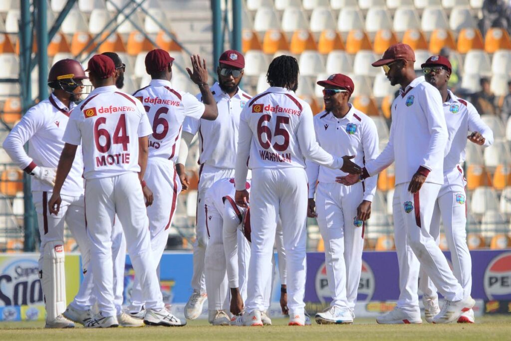 West Indies Jomel Warrican (C) and teammates celebrate after the dismissal of Pakistan's Sajid Khan during the third day of the second Test match, in Multan, Pakistan, on January 27, 2025.  - AP PHOTO