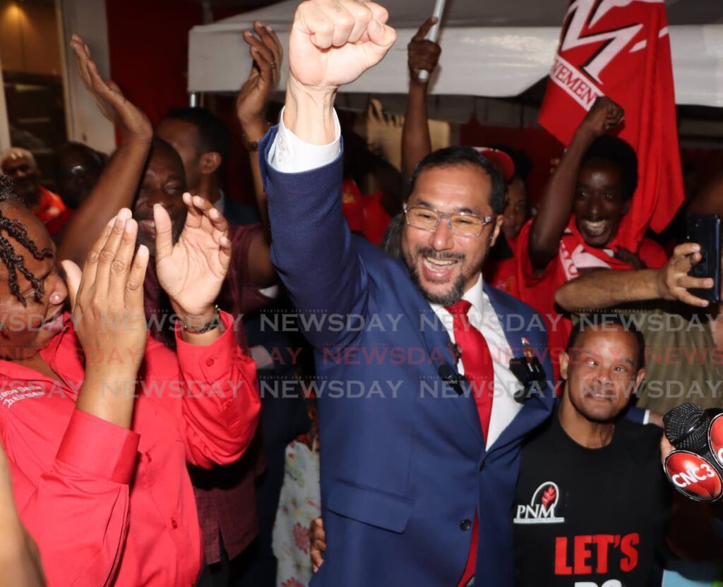 'LAL BEHARRY' YOUNG: Prime minister-select Stuart Young with supporters outside Balisier House, Port of Spain where he went to participate in the screening of potential general election candidates on Monday evening. - Photo by Angelo Marcelle