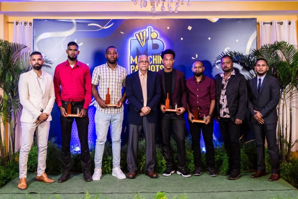 (L-R) Chaguanas mayor Faaiq Mohammed, Kastri Singh, Teshawn Castro, TTCB president Azim Bassarath, Crystian Thurton, Ricky Jaipaul, Bess Motors director Ian Maharaj and Marchin Patriots club president Adrian Ali. Singh, Castro, Thurton, Jaipaul and Evin Lewis (not in picture) were adjudged Bess Motors Marchin Patriots’ Cricketers of the Year.   - 