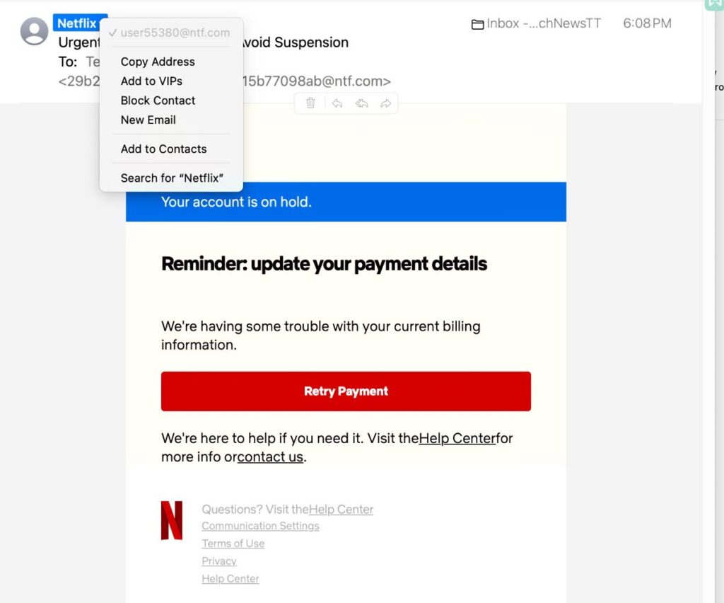 McAfee and Netflix renewals: Both phishing attempts prey on human concerns, access to professional anti-virus protection and the option to chill after a working day. Both have masked distinctly unprofessional email addresses and point to fake websites. - 