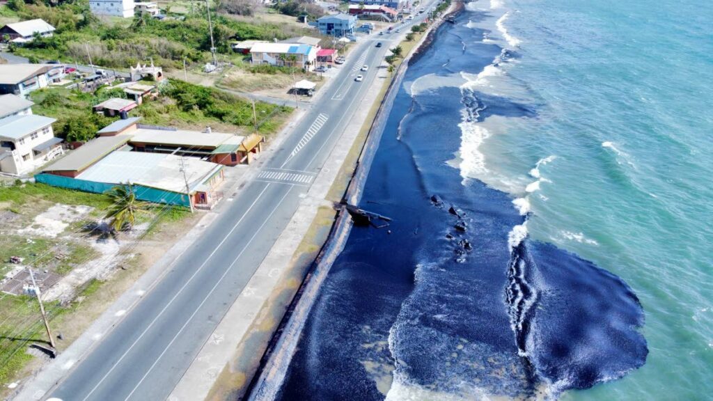 A drone photo taken on February 8, 2024, showing the extent of the damage caused to the coast of Scarborough, Tobago.  - File photo courtesy Dayreon Mitchell