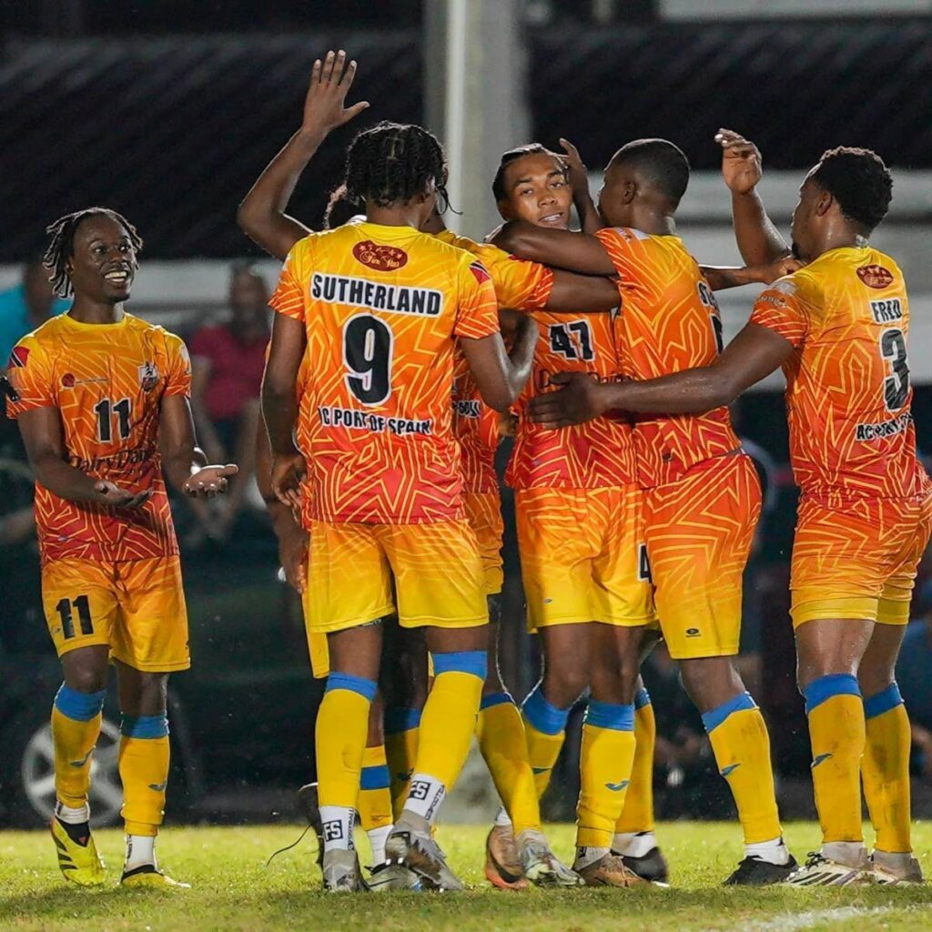 AC Port of Spain players celebrate a goal against Miscellaneous Police FC at the La Horquetta Recreation Ground on January 17. PHOTO COURTESY TT PREMIER FOOTBALL LEAGUE FACEBOOK PAGE - 