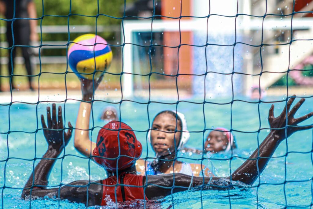 In this January 25, 2025 file photo, a Holy Name Convent player shoots against Bishop Anstey High School during a National Secondary Schools Water Polo game at the National Aquatic Centre, Couva. - Photo by Grevic Alvardo