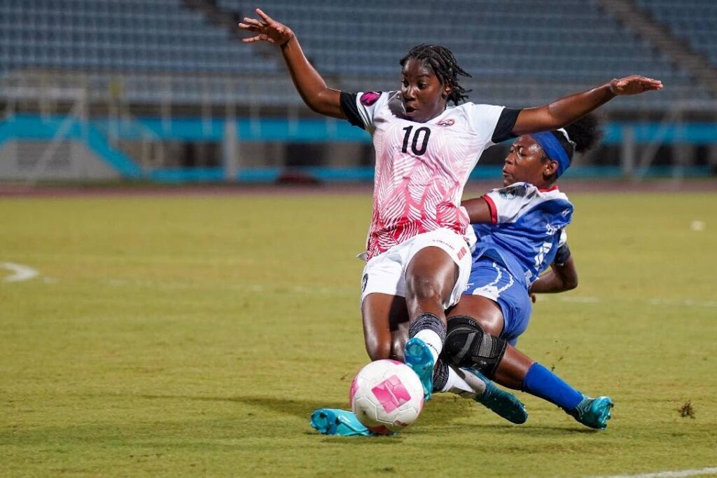 Trinidad and Tobago's Orielle Martin (F) is tackled during a Concacaf Under-17 Women's World Cup qualifier against Belize, on January 29, 2025 at the Ato Boldon Stadium, Couva. - File photo courtesy TTFA Media