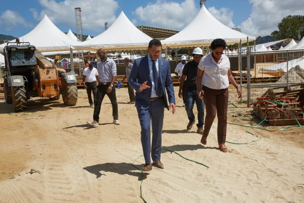 Minister of Tourism, Culture and the Arts Randall Mitchell and National Carnival Commission chief executive officer Keiba Jacob Mottley during a January 24 site visit to to access the progress of Carnival 2025  preparations at the Queen’s Park Savannah, Port of Spain. - Photo courtesy Tourism Ministry