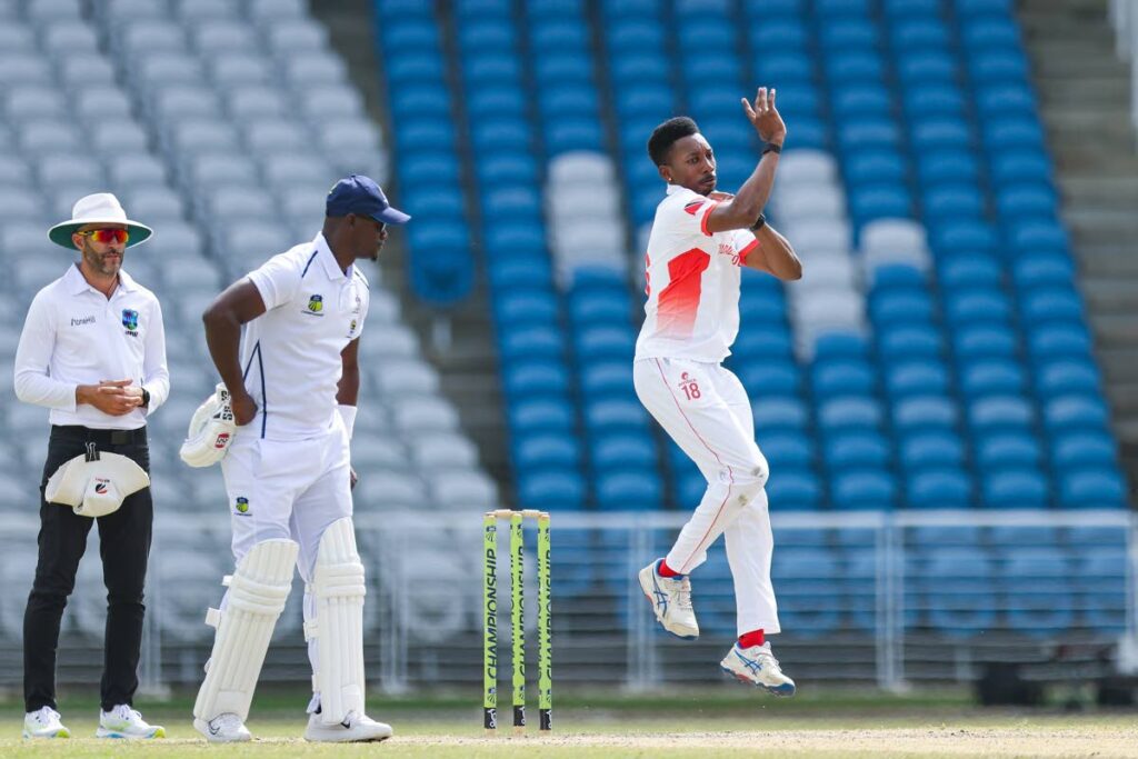 TT Red Force left-arm spinner Khary Pierre bowls during the CWI Regional Four-Day match against the Combined Campuses and Colleges at the Brian Lara Cricket Academy Stadium, on February 1,2025 in Tarouba. - Photo by Daniel Prentice 