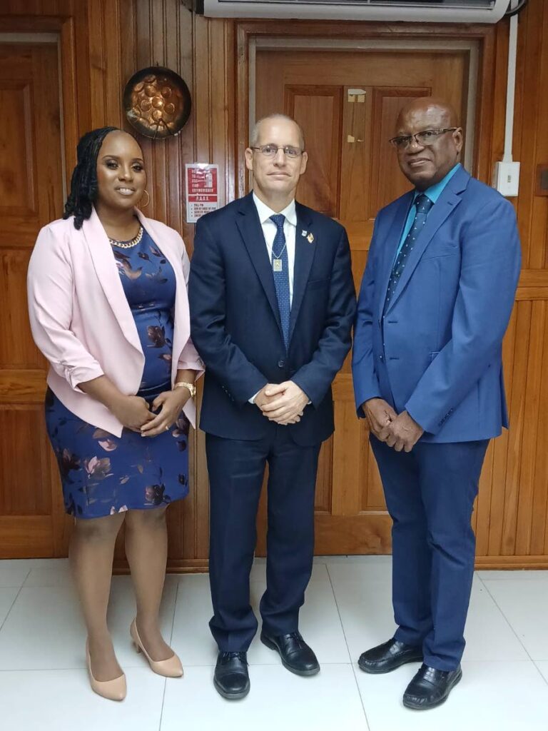 From left, Adanna Leonard-Williams, Point Fortin mayor Clyde James and ambassador of Israel to Panama and the Southeast Caribbean, Itai Bardov at the launch in Point Fortin. - Photos courtesy Adanna Leonard-Williams 