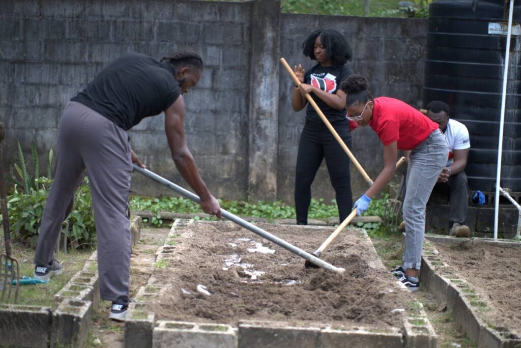 Michael Garcia and Ruqayya Abdul-Haqq till the soil as they participate in the Eco-Friendly Green Waste Composting in Urban Agriculture project. - 