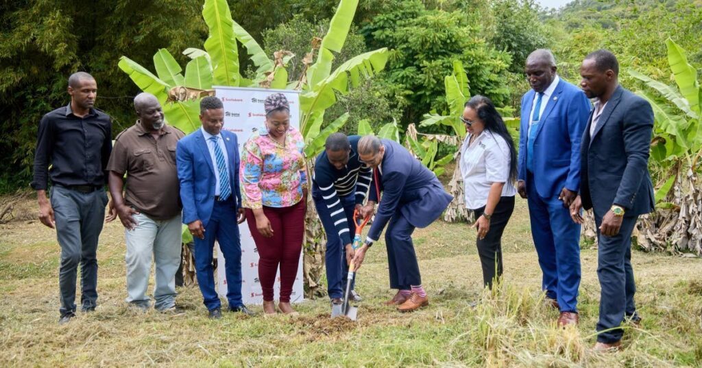 Chief Secretary Farley Augustine and Scotiabank vice president, Retail and Business Marketing, Richard Edoo, turn the sod at Blue Waters Inn, Speyside, on February 4, for the launch of a project in east Tobago. Habitat for Humanity national director Jennifer Massiah, third from right, looks on alongside other officials.  - Photo courtesy THA