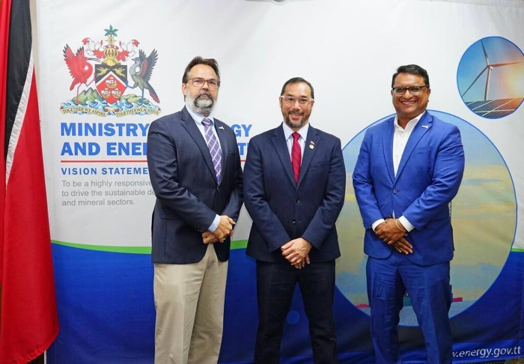 From left, Amcham president Stuart Franco, Energy Minister Stuart Young and Amcham CEO Nirad Tewarie. - Photo courtesy Amcham TT 