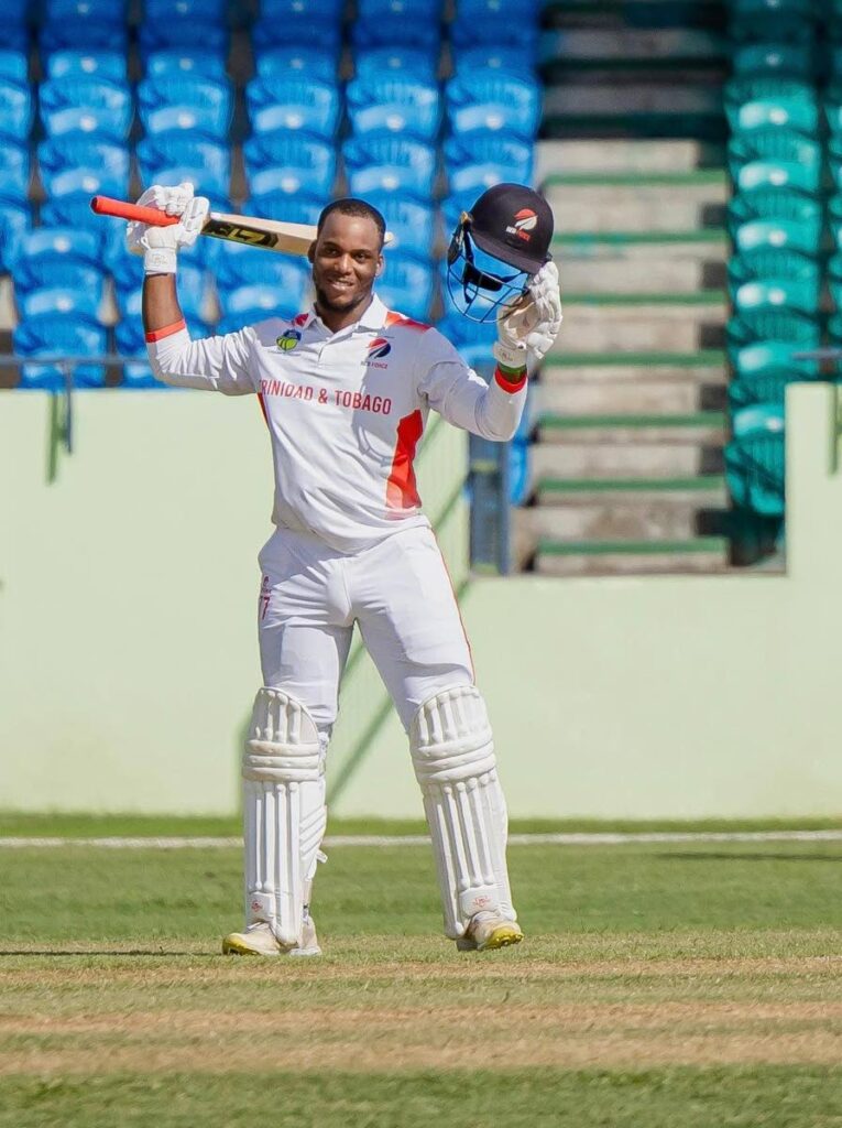 Cephas Cooper acknowledges his TT Red Force teammates after scoring his maiden first-class century. PHOTO COURTESY CWI - 