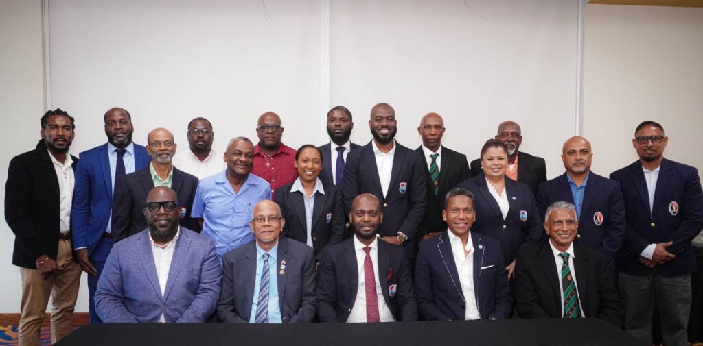 CWI president Kishore Shallow (front row centre) and vice president and TT Cricket Board president Azim Bassarath (seated second from right) attend a CWI Special Meeting, on February 9, in Trinidad. - Photo courtesy CWI Media