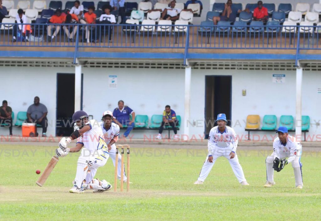 Fatima College batsman Adrian Mahase plays a shot against St Mary’s College, in their SSCL match at Mary’s Grounds, St Clair on February 18.  - Photo by Angelo Marcelle