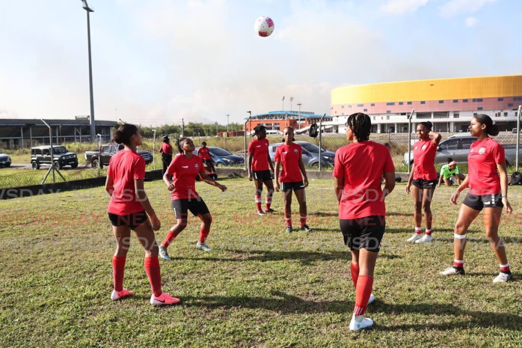 Trinidad and Tobago’s Under-20 women’s team take part in a training session, on February 18, at the Ato Boldon Satdium, Couva.  - Photo by Lincoln Holder 