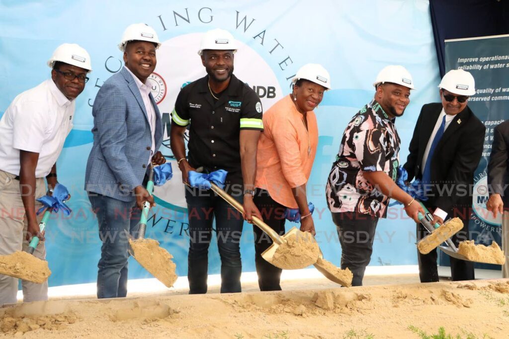 IDB country representative Julian Belgrave; La Horquetta/Talparo MP Foster Cummings; Public Utilities Minister Marvin Gonzales; Arima MP Penelope Beckles-Robinson; Sangre Grande MP Roger Munroe; and Cumuto/Manzanilla MP Dr Rai Ragbir turn the sod for the Guanapo & South Oropouche Water Treatment Plants, at the Guanapo water treatment plant, Heights of Guanapo on February 19.  - Photo by Angelo Marcelle