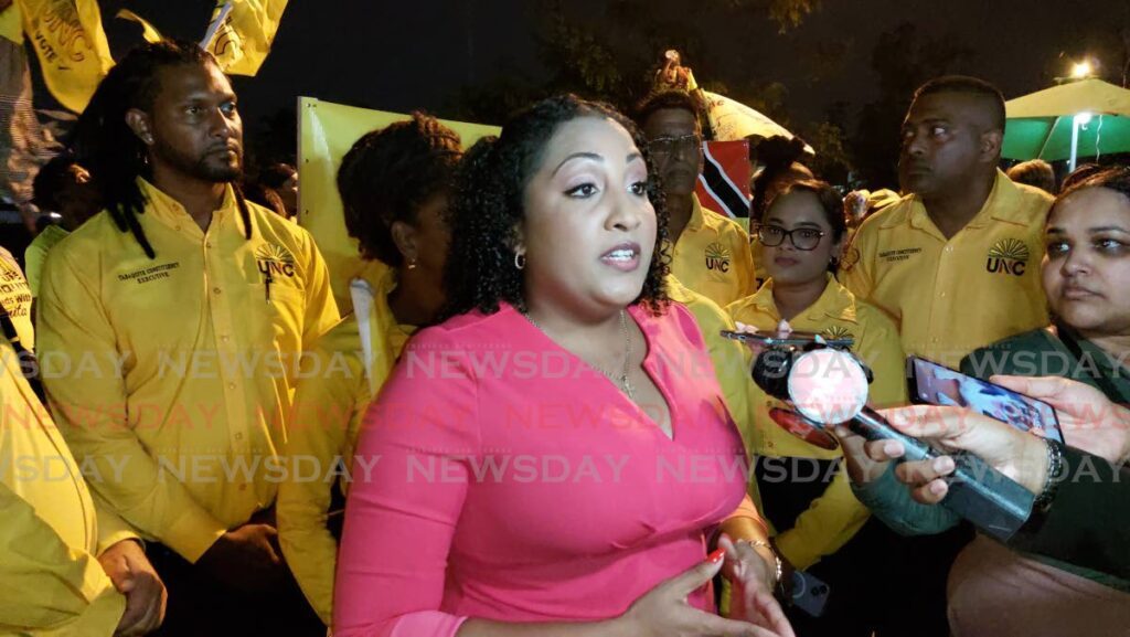 Tabaquite MP Anita Haynes speaks to reporters at the UNC headquarters in Chaguanas ahead of the party's screening for the upcoming general election.  - Photos by Lincoln Holder 