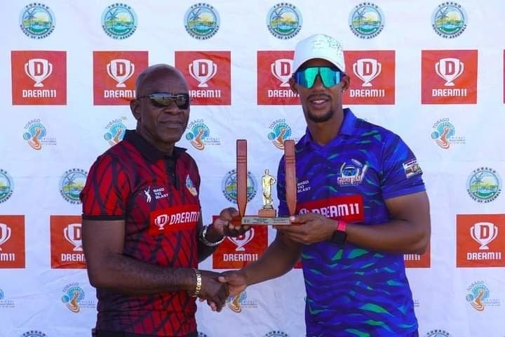 Former West Indies batsman Lendl Simmons receives a Man of the Match award during the 2024 edition of the Dream 11 Bago T10 Blast. Photo courtesy Tobago Cricket Association - 