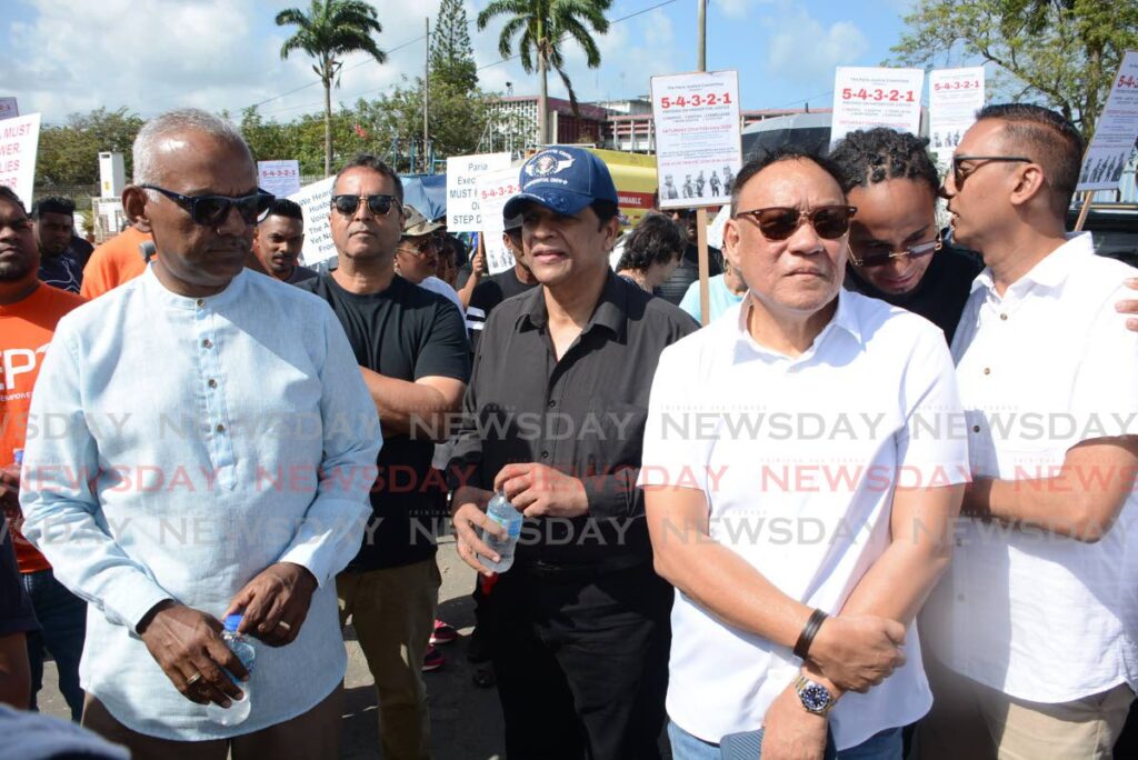 From left, UNC MP Rudranath Indarsingh, PEP political leader Phillip Alexander, COP political leader Prakash Ramadhar, UNC MP David Lee, UNC candidate John Michael Alibocus and UNC MP Ravi Ratiram, at an event to commemorate the third anniversary of the Paria diving tragedy in Point-a-Pierre on February 22. - Photo by Innis Francis