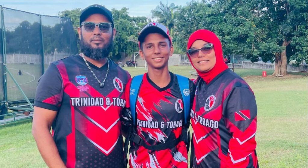 Rasheed (left) and Shareeda (right) pose with Zakariyya after a game in Antigua in 2024. He represented the TT under-15 team where he served as the vice-captain. - Photo courtesy Shareeda Mohammed  