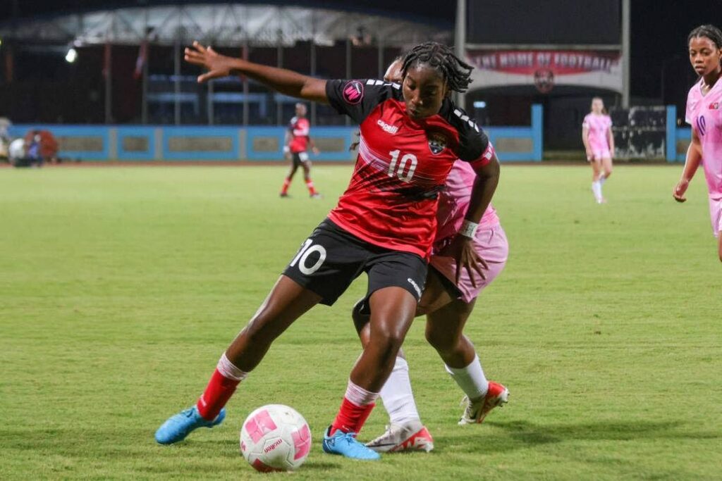 Trinidad and Tobago captain Orielle Martin (10) looks to evade a tackle during the Concacaf Under-20 Women's qualifier Group E match against Bermuda, on February 21, 2025, at the Ato Boldon Stadiun, Couva. - Photo courtesy TTFA Media