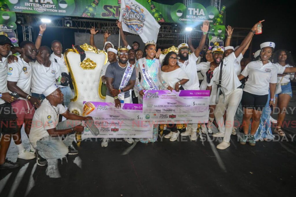 THA Division of Community development's Javon Carrington and TT Electricity Commission’s Keyler Whitlock-St Hillaire, centre, won the THA inter-department carnival calypso and personality titles on February 20 at Parade Grounds, Bacolet. - Photo by Visual Styles