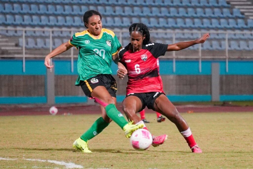 Trinidad and Tobago's Cherina Steele (R) battles for the ball during the Concacaf Under-20 Women's Group E qualifier match, on February 23, 2025, at the Ato Boldon Stadium, on Couva. - Photo courtesy TTFA Media