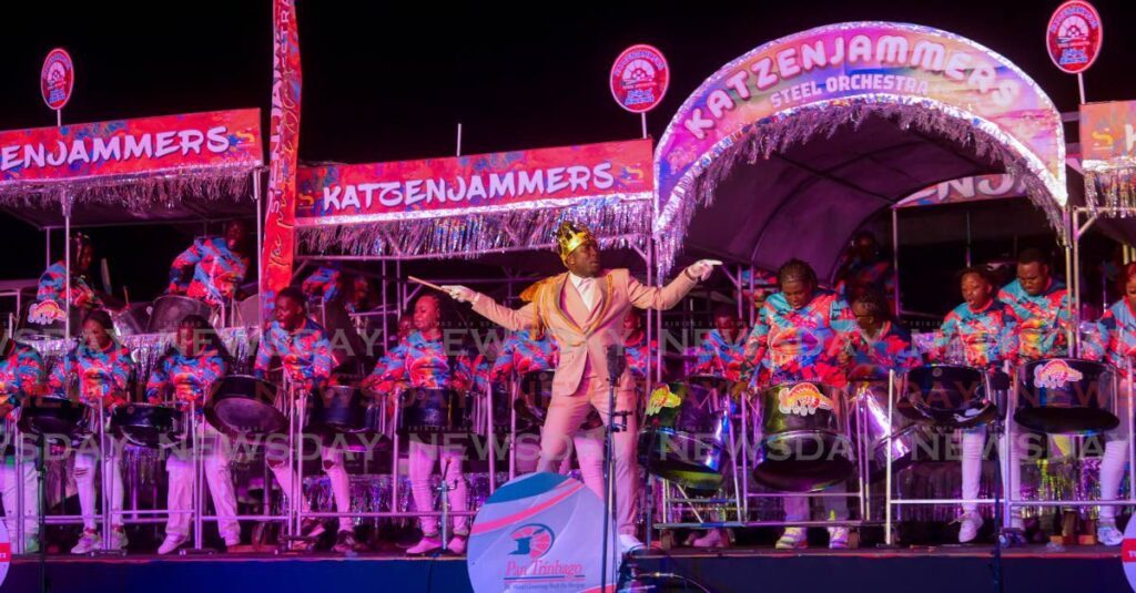 Katzenjammers Steel Orchestra, led by arranger Kersh Ramsey, performs Sparrow's Lying Excuses at the Panorama Medium Band Finals in Bacolet, Tobago, on February 23. Katzenjammers placed first with 281 points to complete a hat-trick in the competition. - Photos by Visual Styles