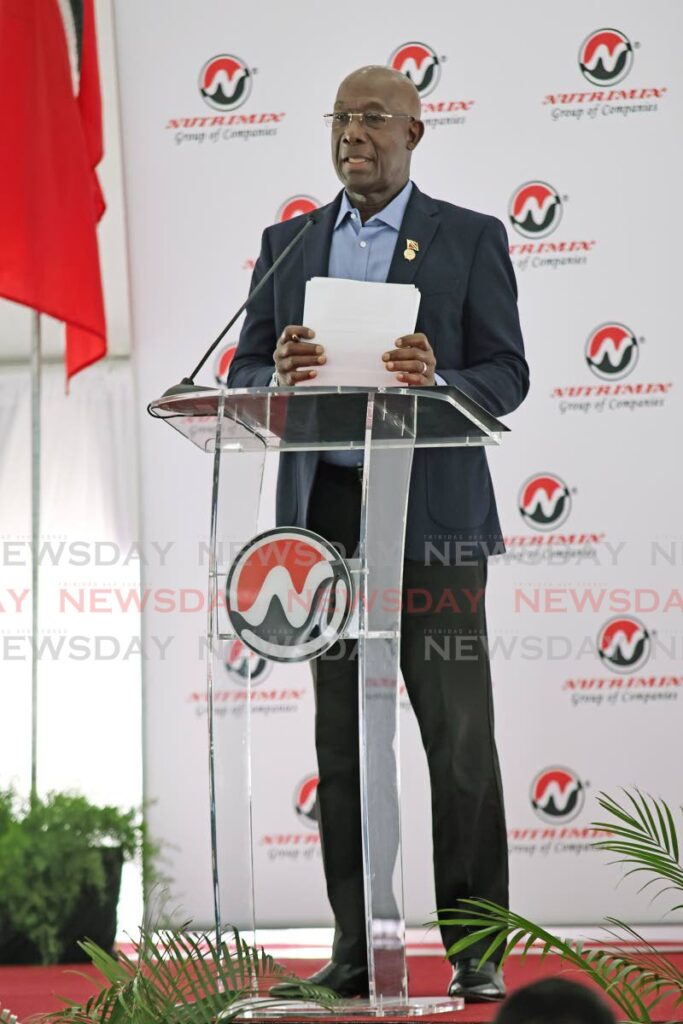 Dr Keith Rowley speaking at the sod-turning ceremony for Nutimix's animal and pet food plant at Point Lisas Industrial estate on February 25. - Photo by Lincoln Holder 