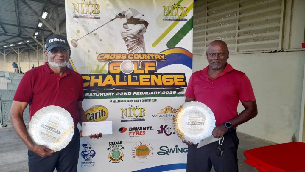 Gerard Khan (L) and Rajnath Jackree with their prizes after winning the 2025 NLCB Cross Country Golf Challenge at Millennium Lakes Golf and Country Club, Trincity on February 22. - Photo courtesy Vidia Ramphal  