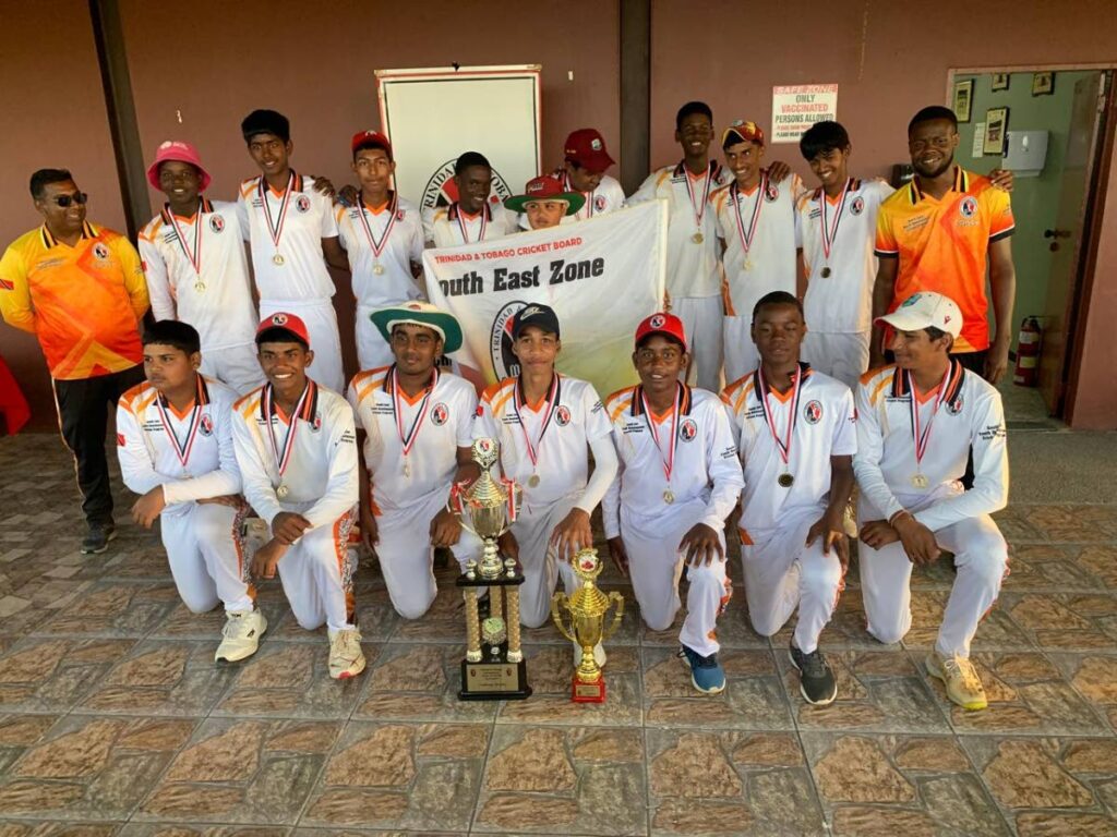 The South East team show off their prizes after copping the 2025 TT Cricket Board's Under-15 Interzone title at the National Cricket Centre in Balmain, Couva on February 26. - Photo courtesy TTCB