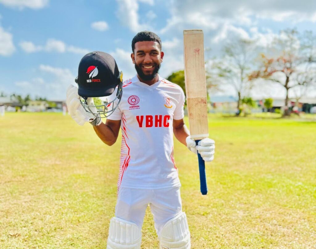 Andrew Rambaran, captain of Vishnu Boys' Hindu College, after scoring a century against Toco Secondary on February 25. - Photos courtesy Vishnu Boys' Hindu College 