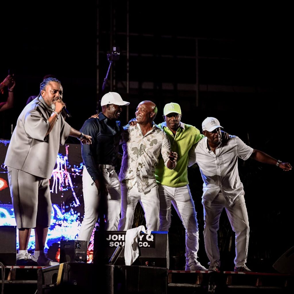 Machel Montano, from left, pays tribute to TT sporting legends Dwight Yorke, Brian Lara, Dwayne Bravo and Russell Latapy. PHOTO COURTESY MACHEL MONTANO FACEBOOK PAGE  - PHOTO COURTESY MACHEL MONTANO FACEBOOK PAGE 