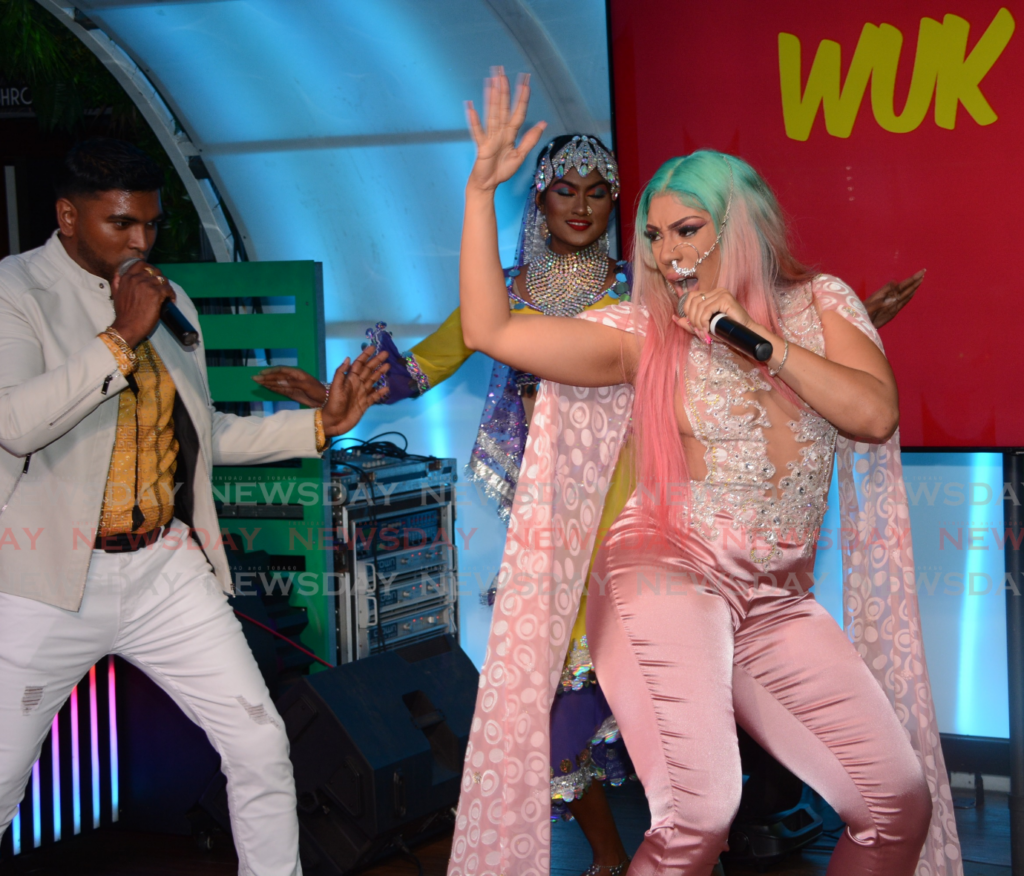 Shiva Mohammed and Jardine “Jadel” Leceze perform at the Chutney Soca Monarch semifinals, at La Tropical, Rig Compound, Gulf View, on February 8. - Photos by Innis Francis