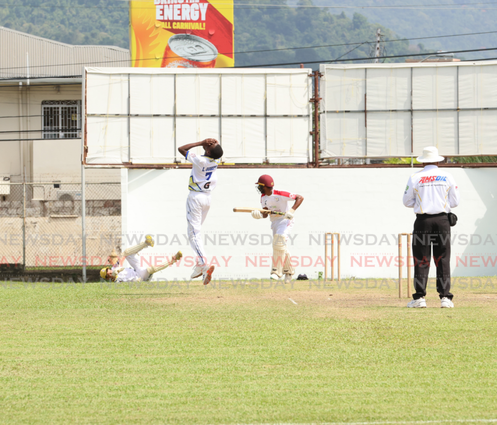 Presentation College Chaguanas batsman Jaden Joseph looks back after playing a shot off the bowling of Fatima College’s Larell Guiseppe(C) during their SSCL Premiership division match, at the Fatima College Grounds, Mucurapo, on February 6, 2025. - Photo by Faith Ayoung