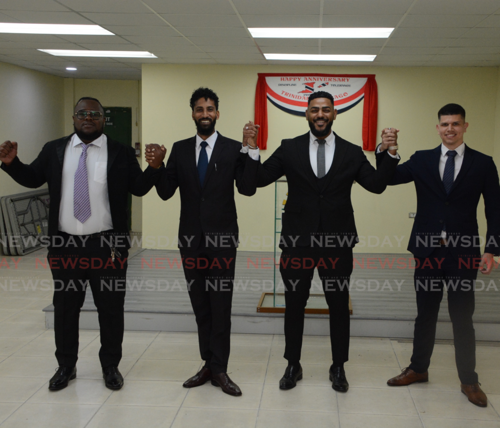 From left, UNC nominees Darren Garner and Trevon C Jugmohan for Port of Spain South; and Dominic Alexander Smith and Jose Young for Port of Spain South, St Ann's West befor screening at the party's headquarters at Mulchan Seuchan Road, Chaguanas on February 11. - Photo by Innis Francis