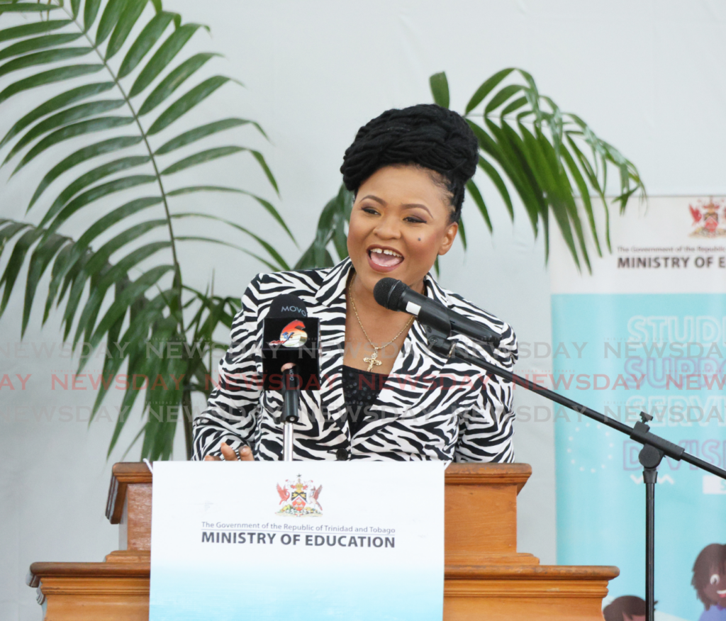 Education Minister Nyan Gadsby-Dolly at the Peer Mediation Programme launch at El Dorado West Secondary School  on February 14. - Photo by Faith Ayoung