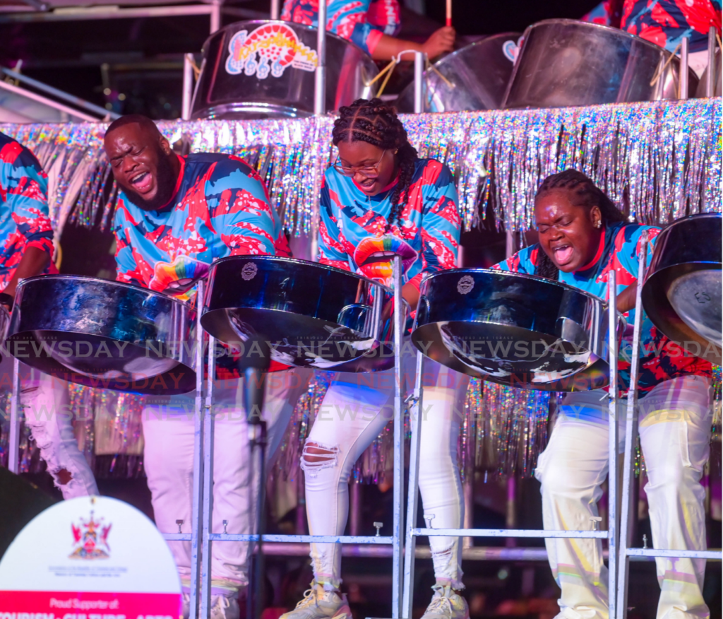 Katzenjammers players feeling the music as they perform an arrangement of Sparrow's Lying Excuses for Panorama medium band finals on February 23 in Bacolet, Tobago. - Photo by Visual Styles