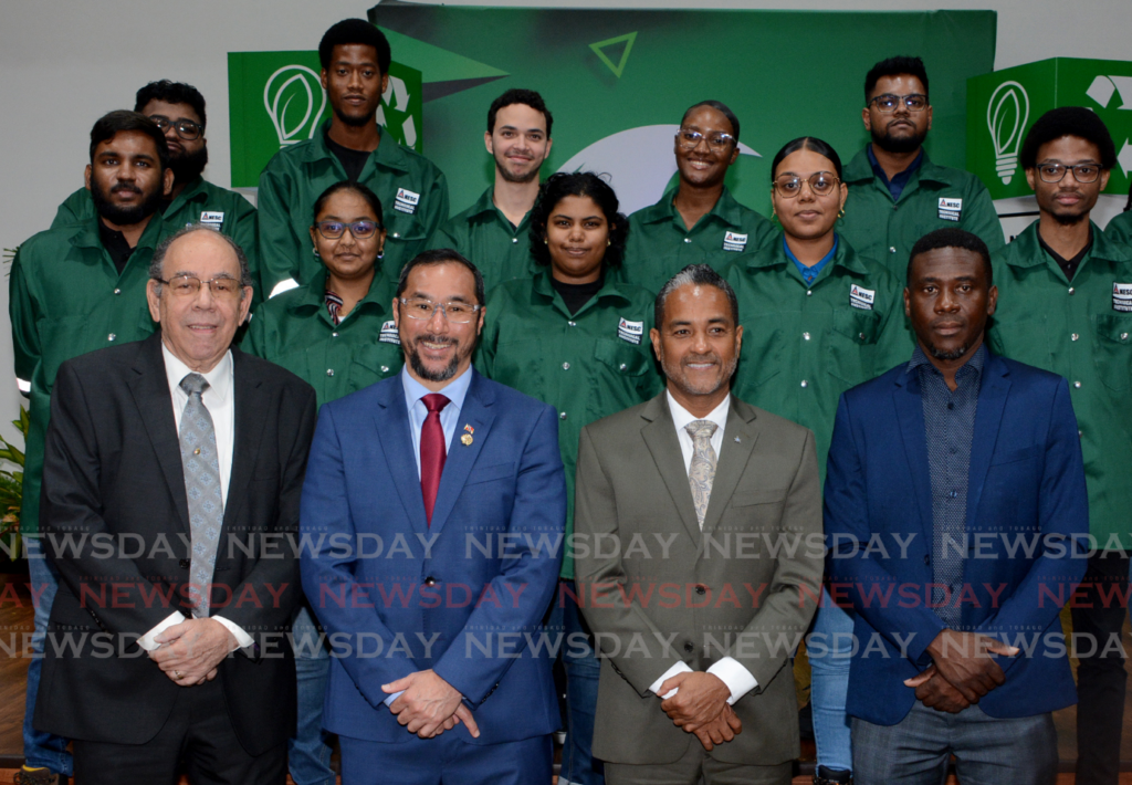 Front row, from left, chairman of NESC-TI Hayden Ferreira, Minister of Energy and Energy Industries Stuart Young, president of NESC-IT Kern Dass, and dean (Ag.) School of Continuing Education NESC-TI Kofi Toney with members of the inaugural class of the Renewable Energy Technology Services Scholarship programme during the launch ceremony held at the NESC-TI Auditorium, Point Lisas on February 3. - Photo by Innis Francis