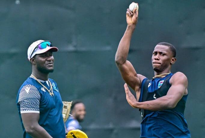 West Indies' pacer Shamar Joseph bowls as head coach Daren Sammy looks on during a practice session in Sri Lanka last year.  - AFP PHOTO