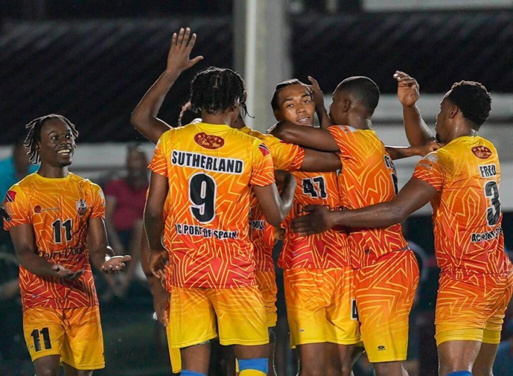 AC Port of Spain players celebrate a goal against Miscellaneous Police FC at the La Horquetta Recreation Ground on January 17.  -  Photo courtesy TPFL