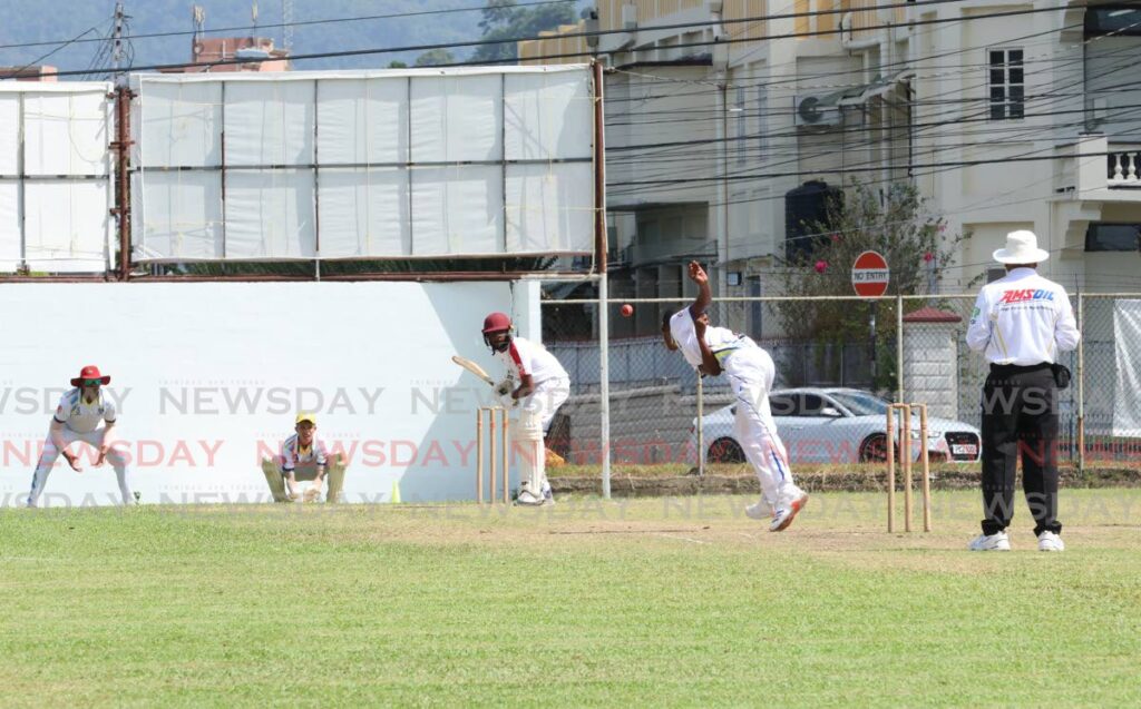 Presentation College Chaguanas batsman Jaden Joseph looks to play a shot during the Secondary Schools Cricket League Premiership division match, on February 4, against Fatima College.  - Photo by Faith Ayoung