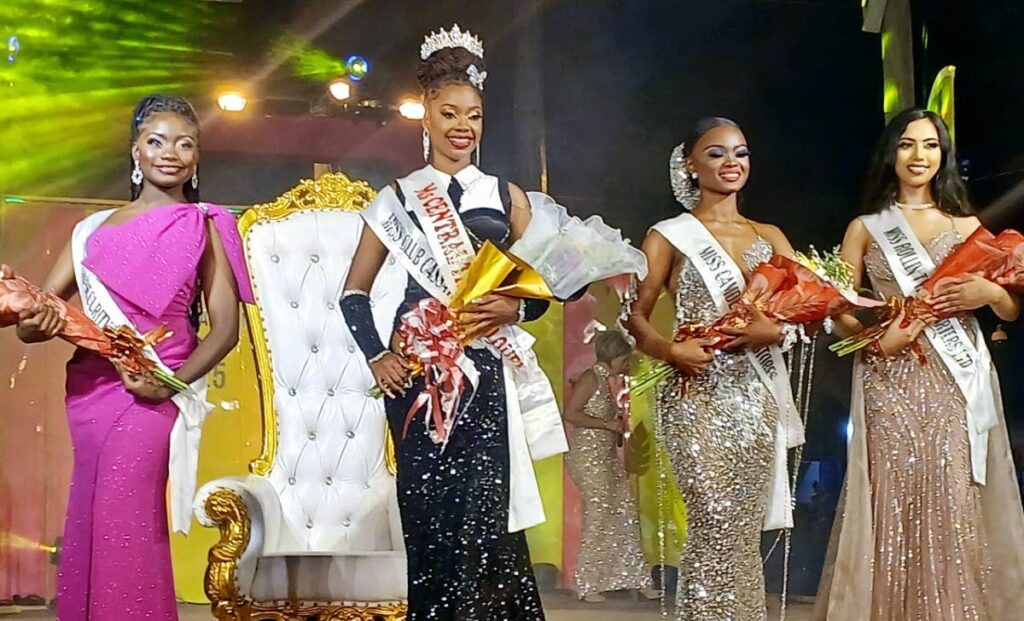 Naysa Semper wears her crown with grace after winning the Miss Central Trinidad title on March 1. Other contestants are (from left) Khalayah Adolphus, fourth; Janaya Medina, second; Keira Rampaul, third. - Photo courtesy Couva Carnival Committee