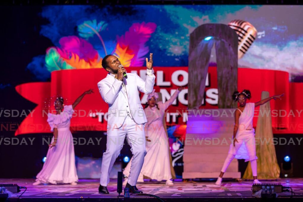 Helon Francis performs at the National Senior Calypso Monarch finals at the Dimanche Gras at the Queen's Park Savannah, Port of Spain, on March 2. - Photo by Jeff K. Mayers