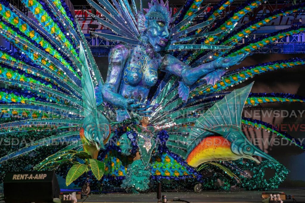 Roxanne Omalo portrays Sirena - Mistress of the Seas in the Queen of Carnival competition, Dimanche Gras, Queens' Park Savannah, Port of Spain on March 2. Omalo placed first with 443 points. - Photo by Jeff K. Mayers